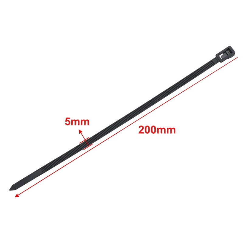 Colier plastic negru reutilizabil cu dimensiuni marcate 200mm lungime si 5mm latime, vedere laterala