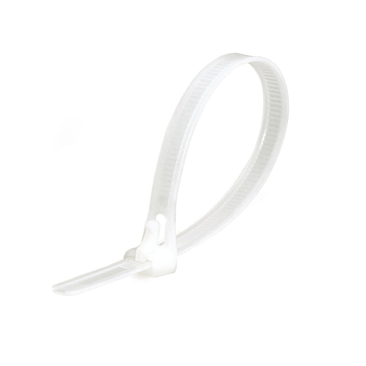 Colier plastic reutilizabil alb 5x200mm cu mecanism de blocare ajustabil pentru organizare cabluri