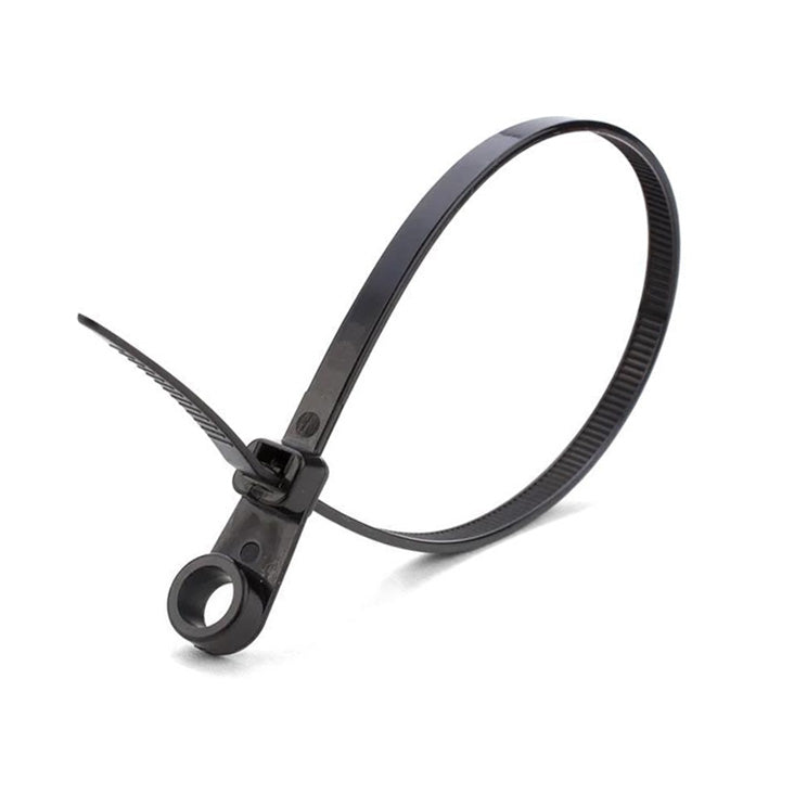 Colier plastic cu cap montabil 5x200mm negru, orificiu surub pentru fixare pe suprafete, set 100 bucati