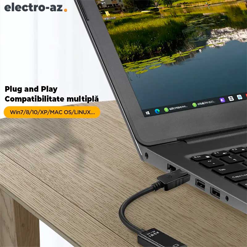 Adaptor DisplayPort la HDMI conectat la laptop, compatibil Windows si Mac OS, plug and play