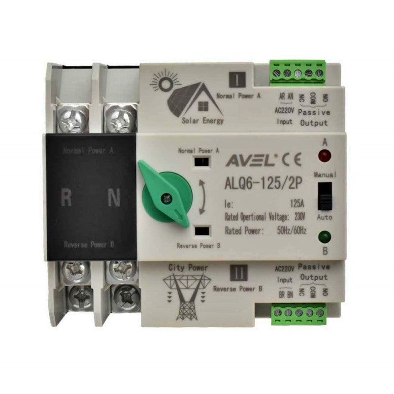 Comutator ATS 2 poli 125A, vedere frontala cu indicator LED si selector rotativ verde