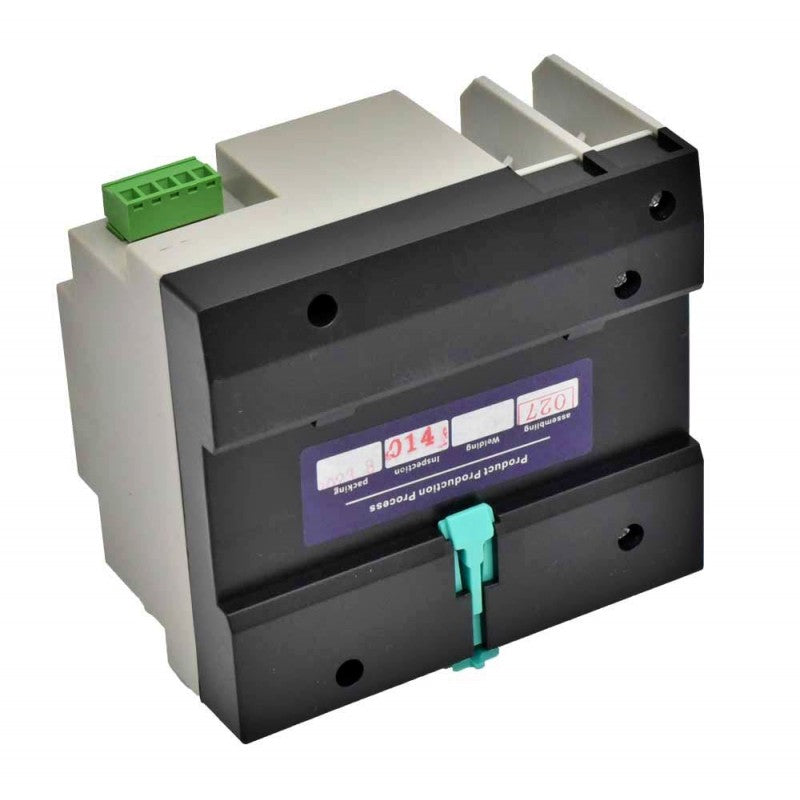 Comutator automat de transfer, vedere spate cu clips sina DIN si eticheta de productie