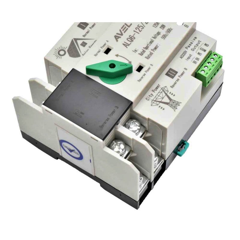Comutator ATS 125A, detaliu lateral cu borne de conexiune si capac protectie deschis