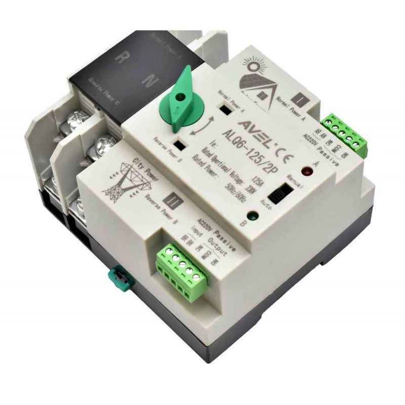 Comutator automat de transfer 2 poli, perspectiva superioara cu terminale AC220V intrare si iesire