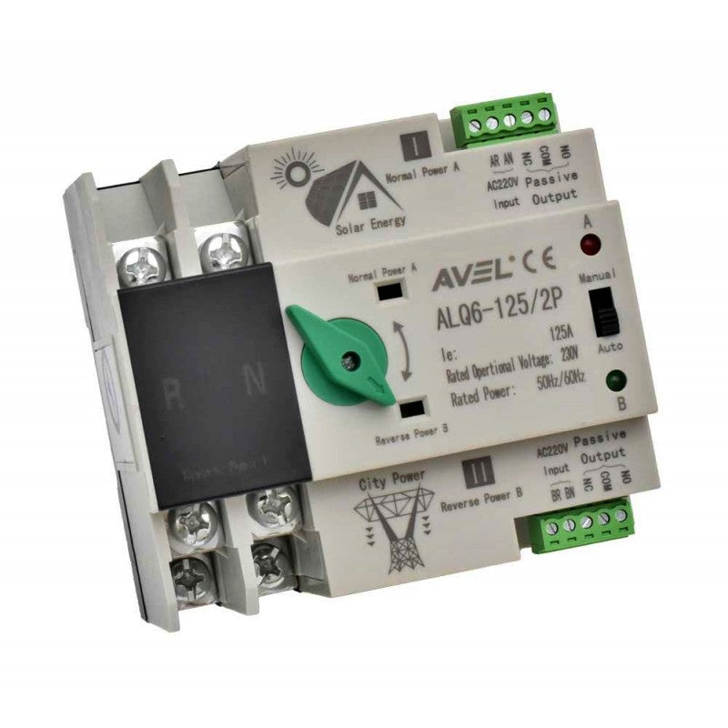 Comutator ATS fotovoltaic 125A, 230V, vedere frontala completa cu doua randuri de borne verzi