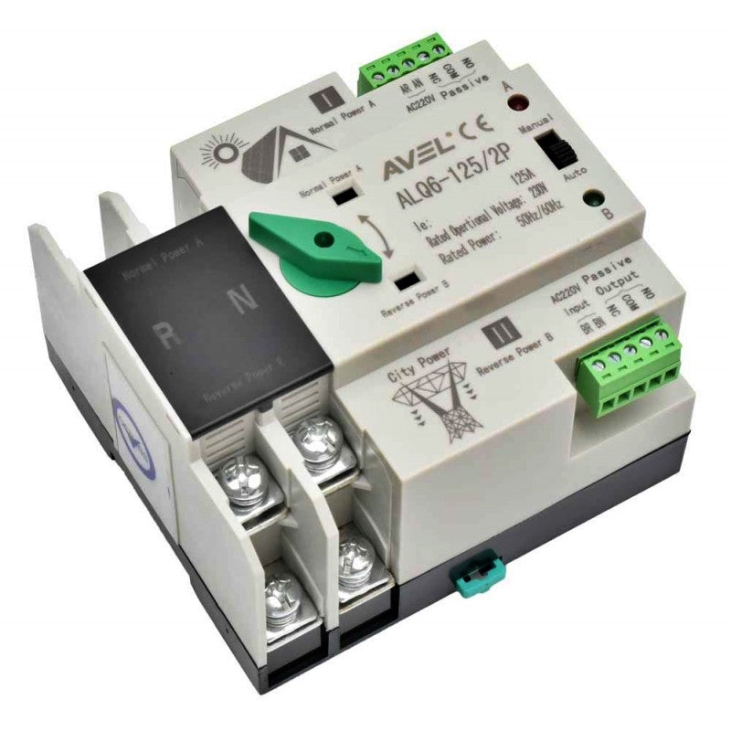 Comutator automat de transfer fotovoltaic 125A, 2 poli, 230V, montaj sina DIN, mod manual si automat