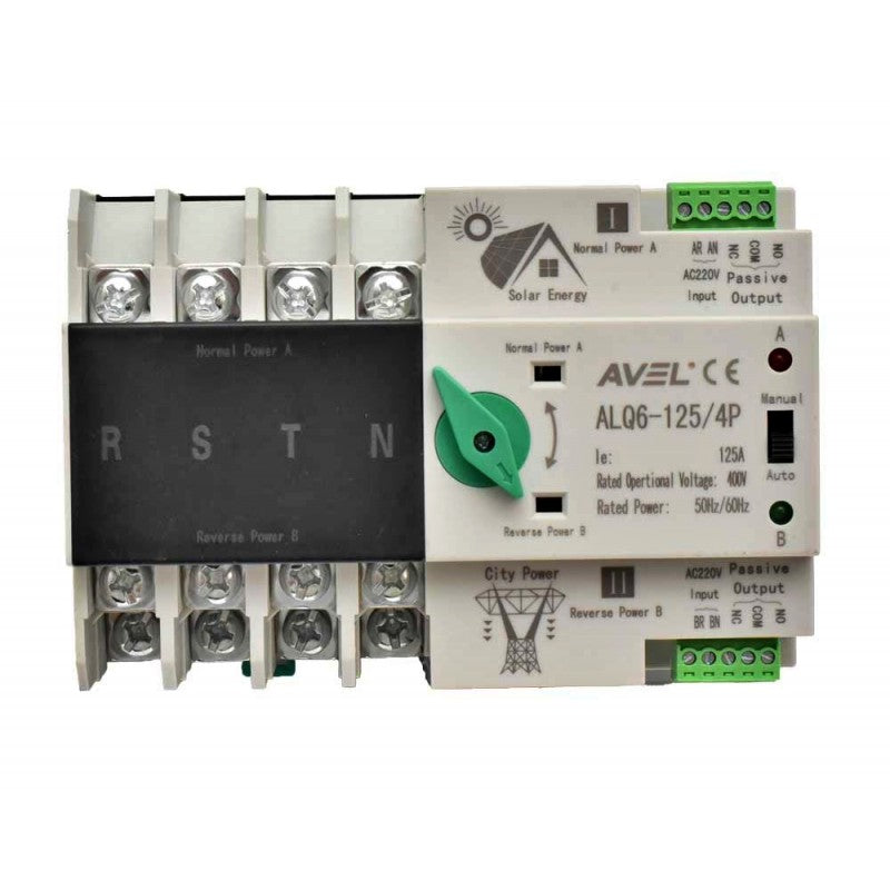 Comutator ATS tetrapolar 125A vazut din fata, cu selector verde si borne de semnal solar/retea