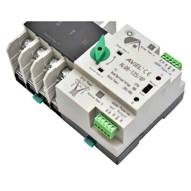 Comutator automat transfer 125A, detaliu panou de control cu indicatoare LED si borne semnal pasiv