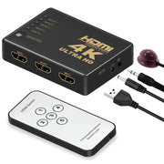 Comutator HDMI 5 in 1, 4K Ultra HD, cu telecomanda IR, receptor infrarosu si cablu de alimentare USB incluse