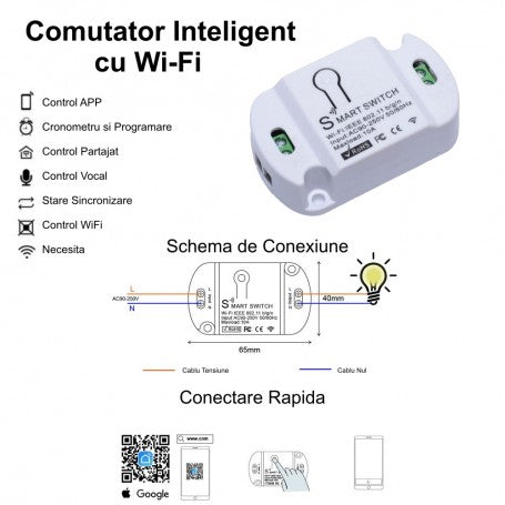 Comutator smart WiFi cu schema de conexiune si functii: programare, control vocal, timer
