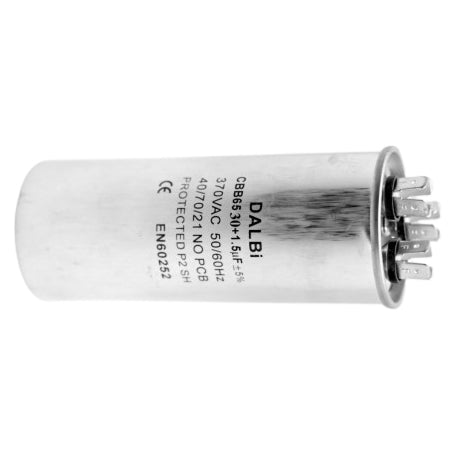 Condensator pornire motor aer conditionat 370V AC, vedere laterala cu eticheta si terminale superioare