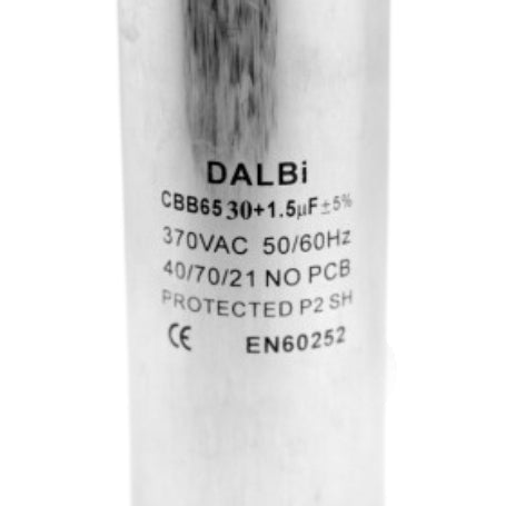 Condensator motor 30+1,5uF 370V, detaliu eticheta tehnica cu specificatii CBB65 si standard EN60252