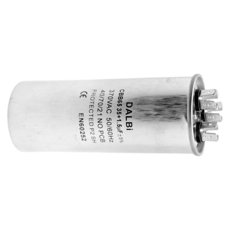Condensator motor AC 35+1,5uF 370V, vedere laterala cu papuci de conexiune rapida