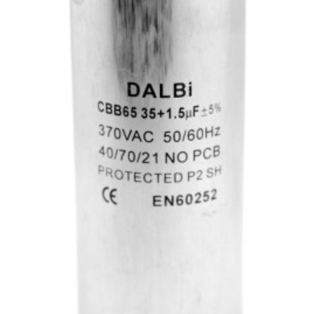 Condensator CBB65 35+1,5uF 370VAC, detaliu eticheta specificatii tehnice si marcare CE