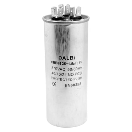Condensator dublu 35+1,5uF 370V AC pentru aer conditionat, carcasa metalica, protectie termica P2, certificat EN60252