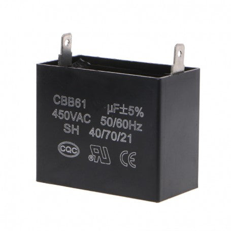 Condensator pornire motor 2uF 450V AC, carcasa dreptunghiulara neagra cu 2 papuci tip tata, toleranta ±5%