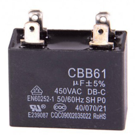 Condensator motor dreptunghiular 450VAC, vedere frontala cu eticheta tehnica si borne metalice