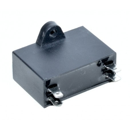 Condensator motor 5uF 450V AC vazut din spate, cu suport de prindere si borne metalice vizibile