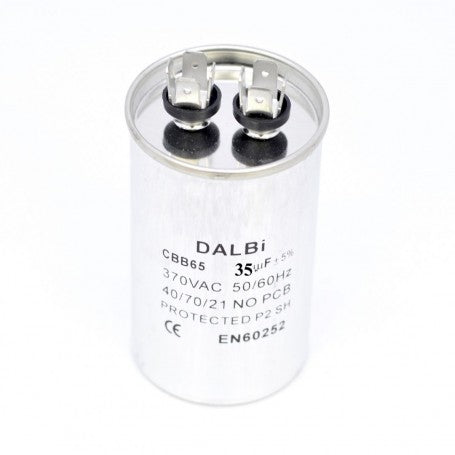 Condensator motor aluminiu 35uF 370V AC, 50/60Hz, carcasa cilindrica, terminale tip tata, clasa protectie P2 SH