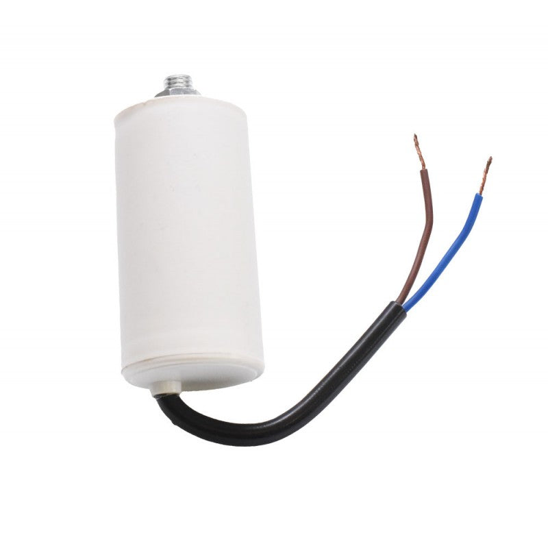 Condensator motor 40uF 450V vedere laterala, corp cilindric alb cu cablu negru si fire maro-albastru