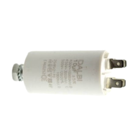 Condensator motor 10uF 450V vedere laterala, carcasa cilindrica alba cu surub de fixare