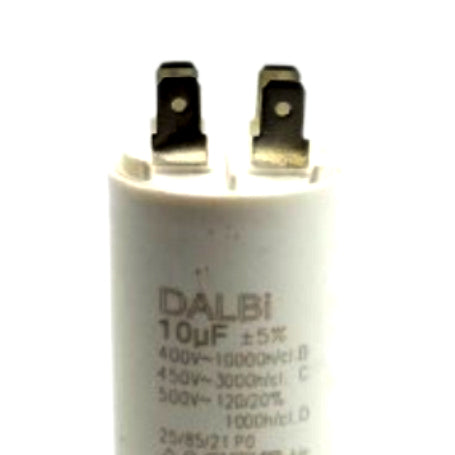 Condensator motor 10uF 450V, detaliu terminale papuci tip tata si inscriptii tehnice