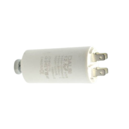 Condensator motor 12,5uF 450V AC, vedere laterala cu eticheta tehnica si papuci de conectare vizibili