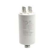 Condensator pornire motor 14uF 450V cu conexiuni papuci tata si surub fixare, carcasa cilindrica alba
