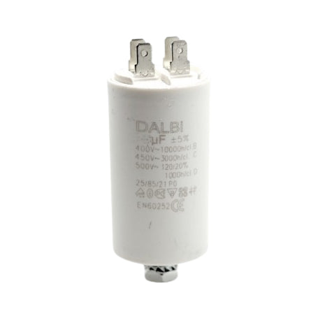Condensator pornire motor 14uF 450V cu conexiuni papuci tata si surub fixare, carcasa cilindrica alba