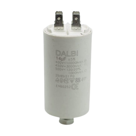 Condensator motor 14uF 450V vedere laterala cu specificatii inscriptionate pe carcasa