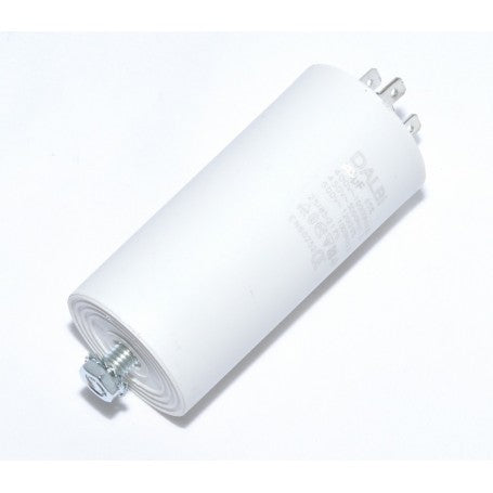 Condensator motor 16uF 450V vazut din lateral, cu surub de fixare si conexiuni vizibile