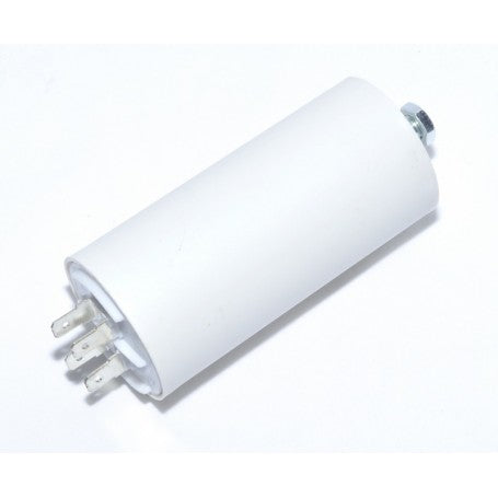 Condensator motor cilindric 16uF, detaliu papuci tip tata si surub de montaj