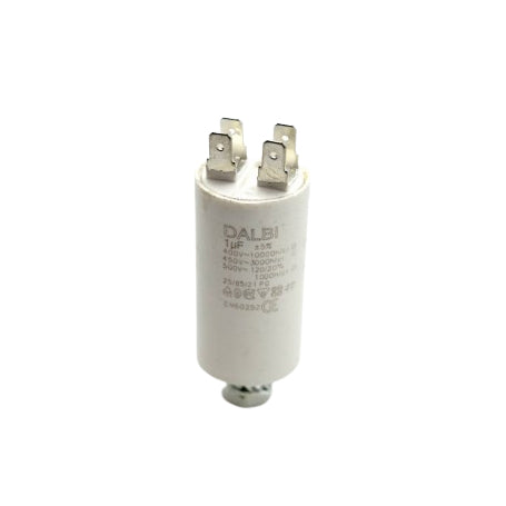 Condensator pornire motor 1uF 450V AC vedere frontala cu 4 terminale metalice superioare