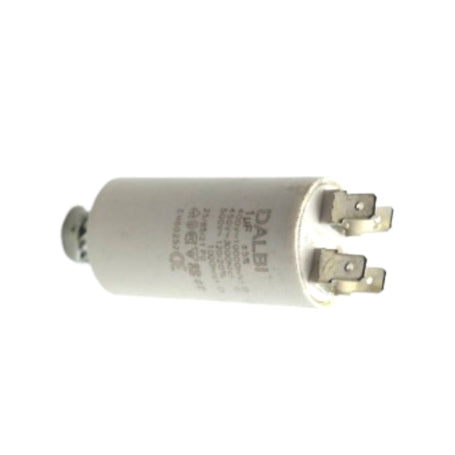 Condensator motor 1uF 450V vedere laterala cu papuci tip tata si eticheta tehnica vizibila