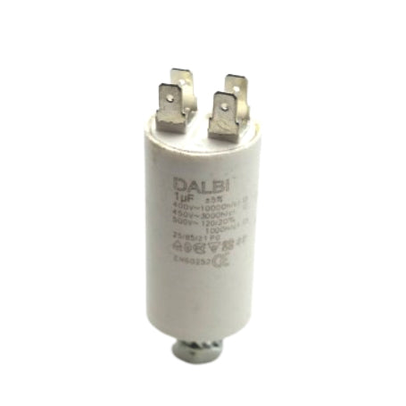 Condensator pornire motor 1uF 450V AC cu 4 papuci metalici si surub de fixare, carcasa cilindrica alba