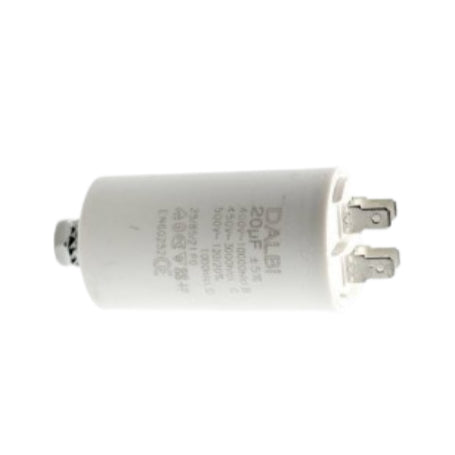 Condensator motor 20uF vedere laterala cu surub de fixare si eticheta tehnica