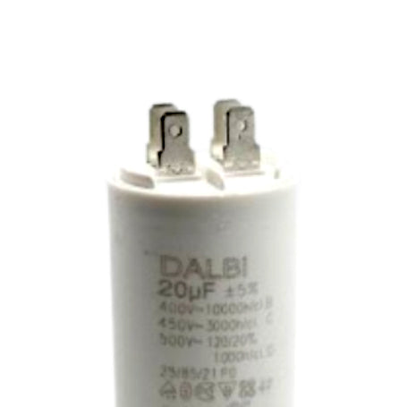 Condensator motor 20uF 450V vedere de sus cu conexiuni papuci tip tata metalici