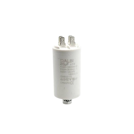 Condensator pornire motor 20uF 450V carcasa cilindrica alba cu papuci si piulita