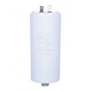 Condensator pornire motor 250uF 450V AC, carcasa cilindrica alba cu papuci tip tata, pentru motoare industriale si casnice