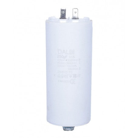 Condensator pornire motor 250uF 450V AC, carcasa cilindrica alba cu papuci tip tata, pentru motoare industriale si casnice