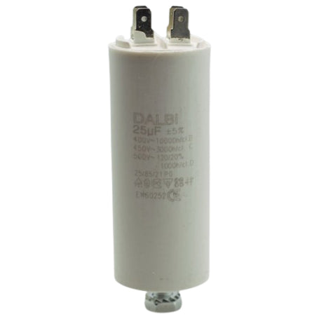 Condensator motor 25uF 450V vedere laterala, corp cilindric alb cu surub de fixare