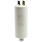 Condensator pornire motor 25uF 450V cu terminale tata, carcasa cilindrica alba, durata de viata 10000 ore
