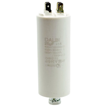 Condensator pornire motor 25uF 450V cu terminale tata, carcasa cilindrica alba, durata de viata 10000 ore