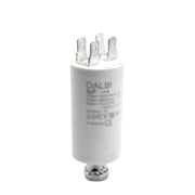 Condensator pornire motor 2uF 450V AC cu papuci tata si surub de fixare, carcasa cilindrica alba