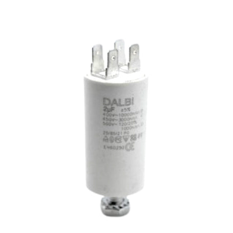 Condensator pornire motor 2uF 450V AC cu papuci tata si surub de fixare, carcasa cilindrica alba