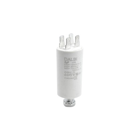 Condensator pornire motor 2uF 450V vedere frontala, carcasa alba cu surub de montaj