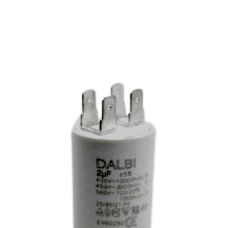 Condensator motor 2uF detaliu partea superioara cu 4 terminale metalice tip papuc