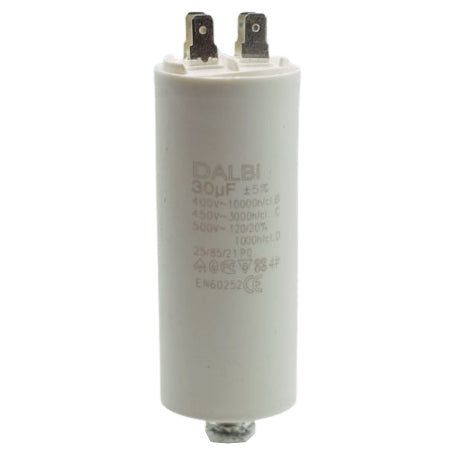 Condensator pornire motor 30uF 450V AC cu papuci tip tata, durata de viata 10000h, format cilindric alb