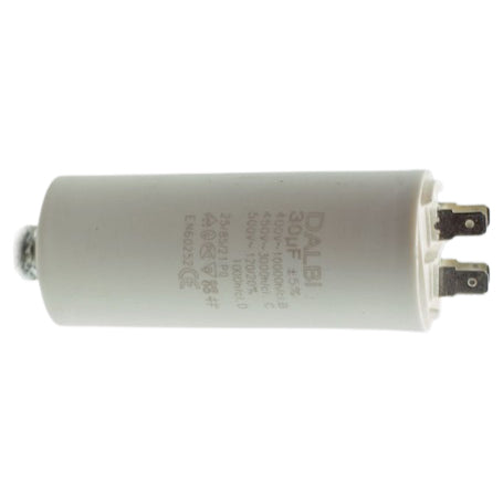 Condensator motor 30uF 450V vedere laterala cu sistem surub piulita pentru fixare