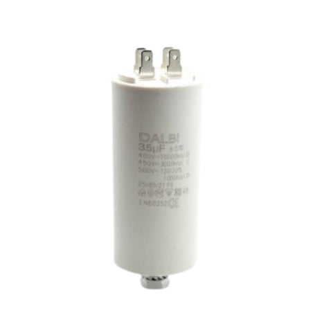 Condensator pornire motor 35uF 450V AC cu 4 papuci tata si surub de fixare, carcasa plastic ignifug